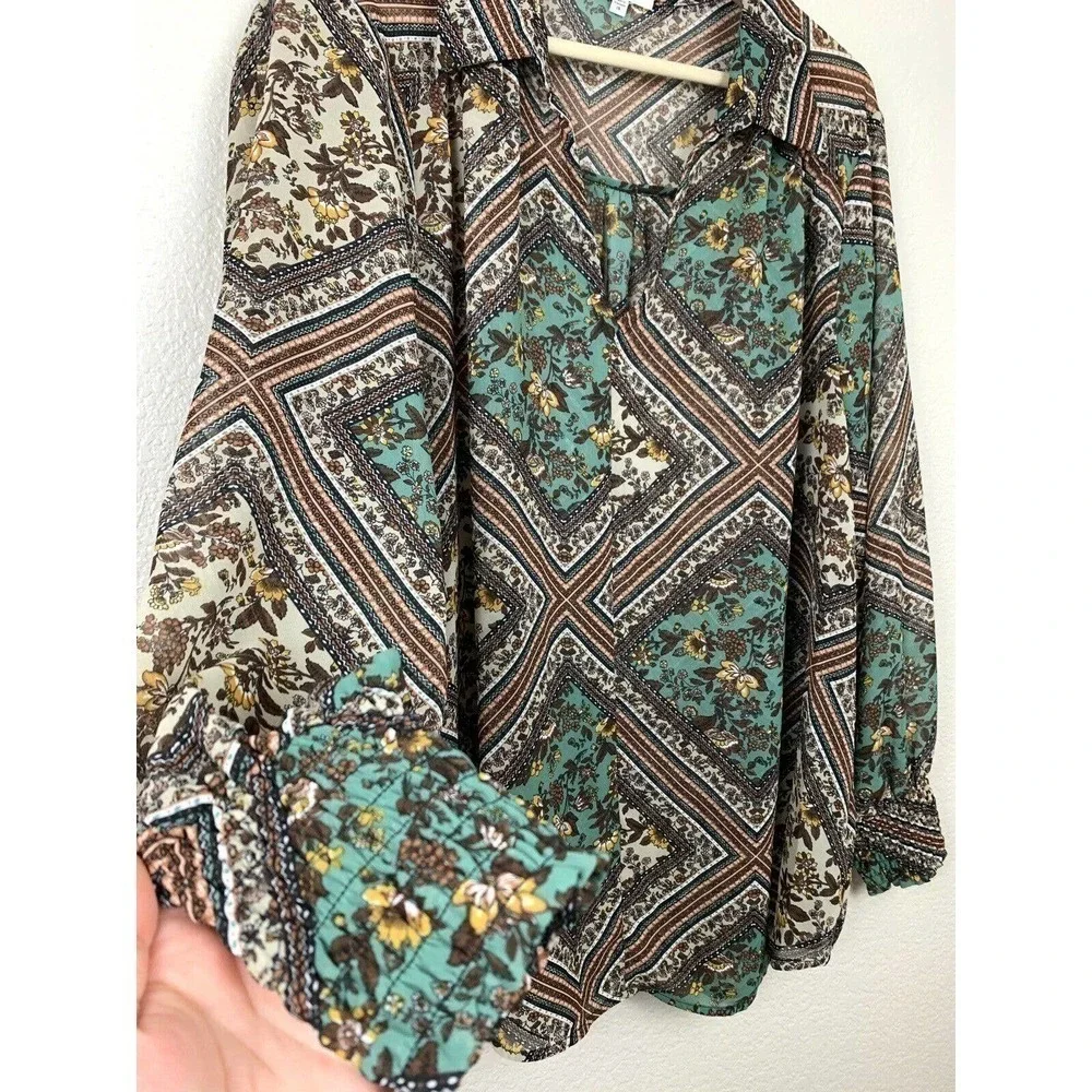 Pleione 1X Sheer Chiffon Blouse Mixed Print Floral Long Sleeves